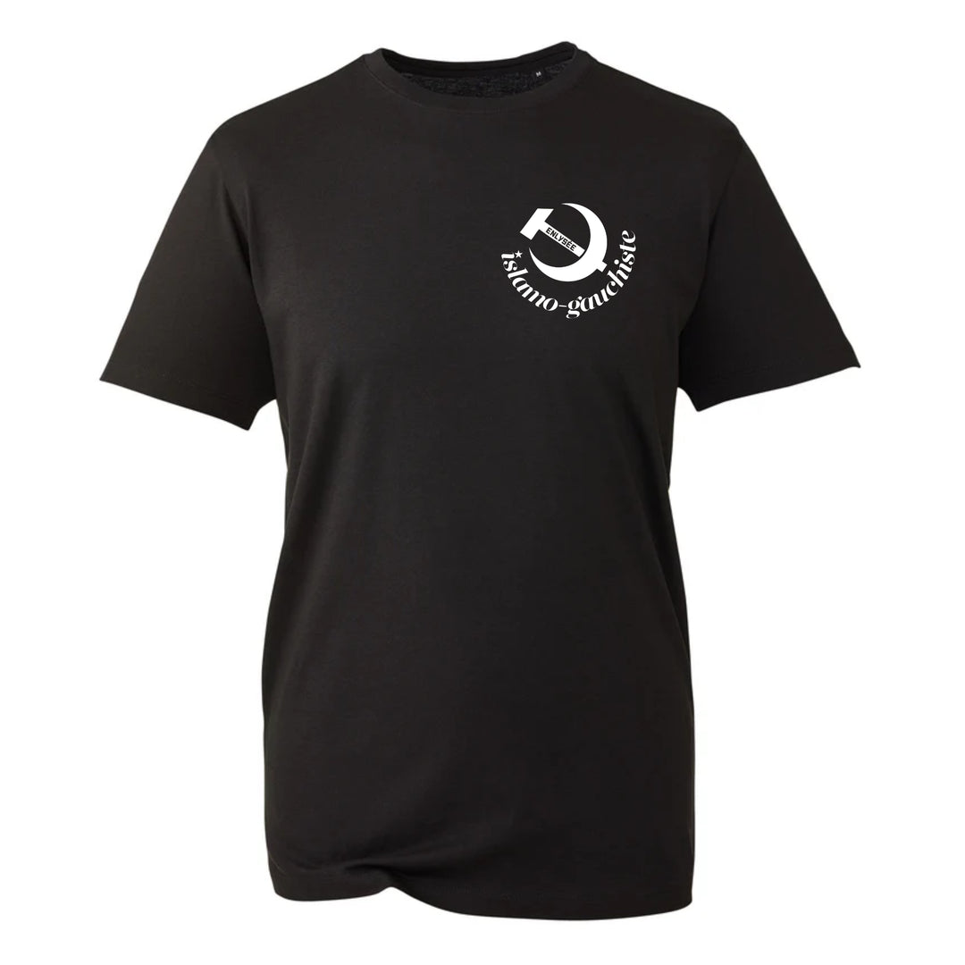 T-shirt noir avec logo enlysee islamogauchiste blanc