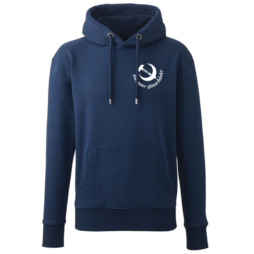 Sweat à capuche bleu avec motif islamogauchiste en blanc