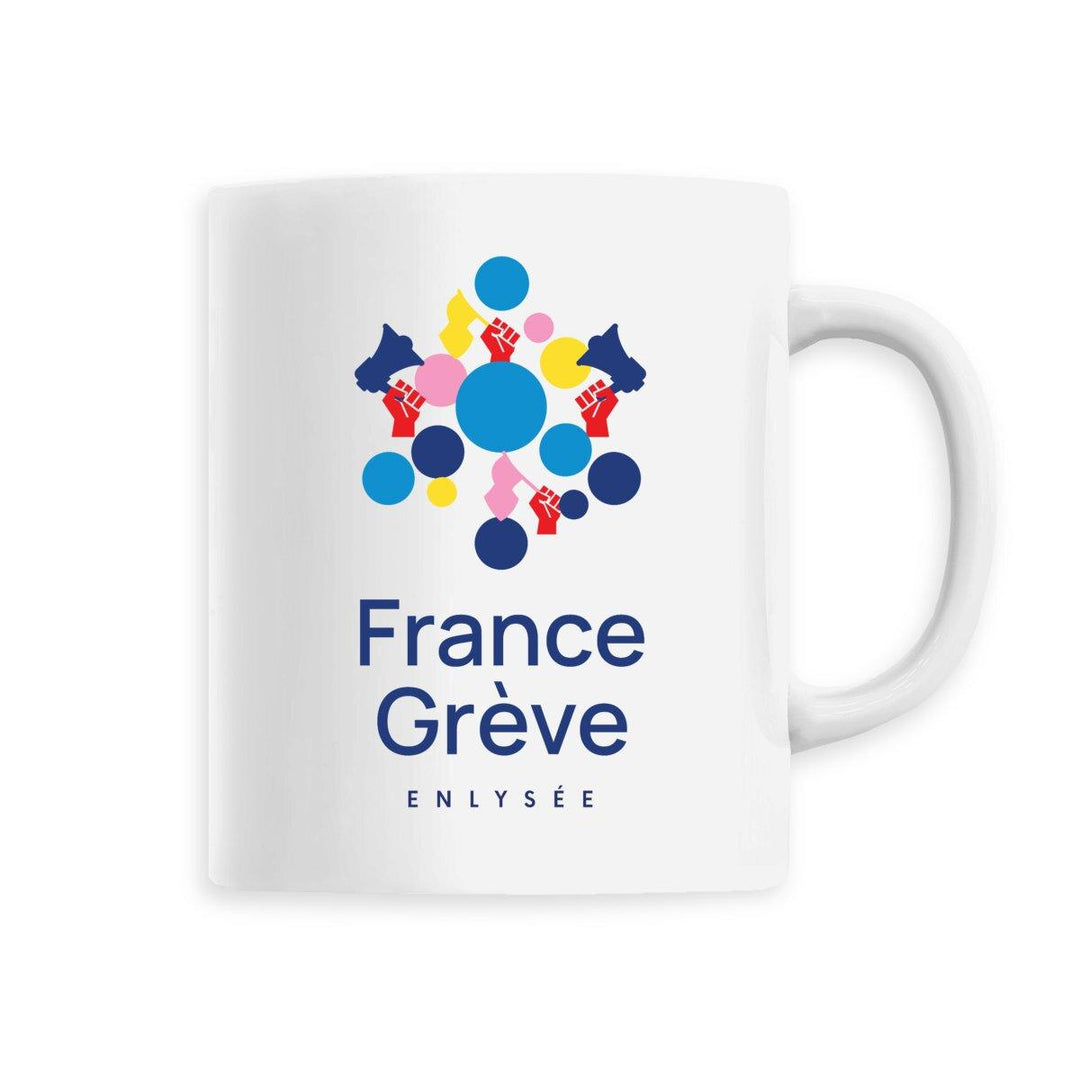 Mug blanc parodiant le logo de france travail en france greve