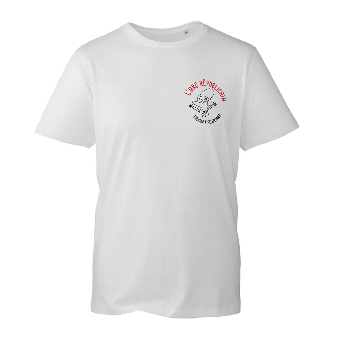 Tshirt blanc dessin arc republicain par Allan Barte Emmanuel Macron coeur