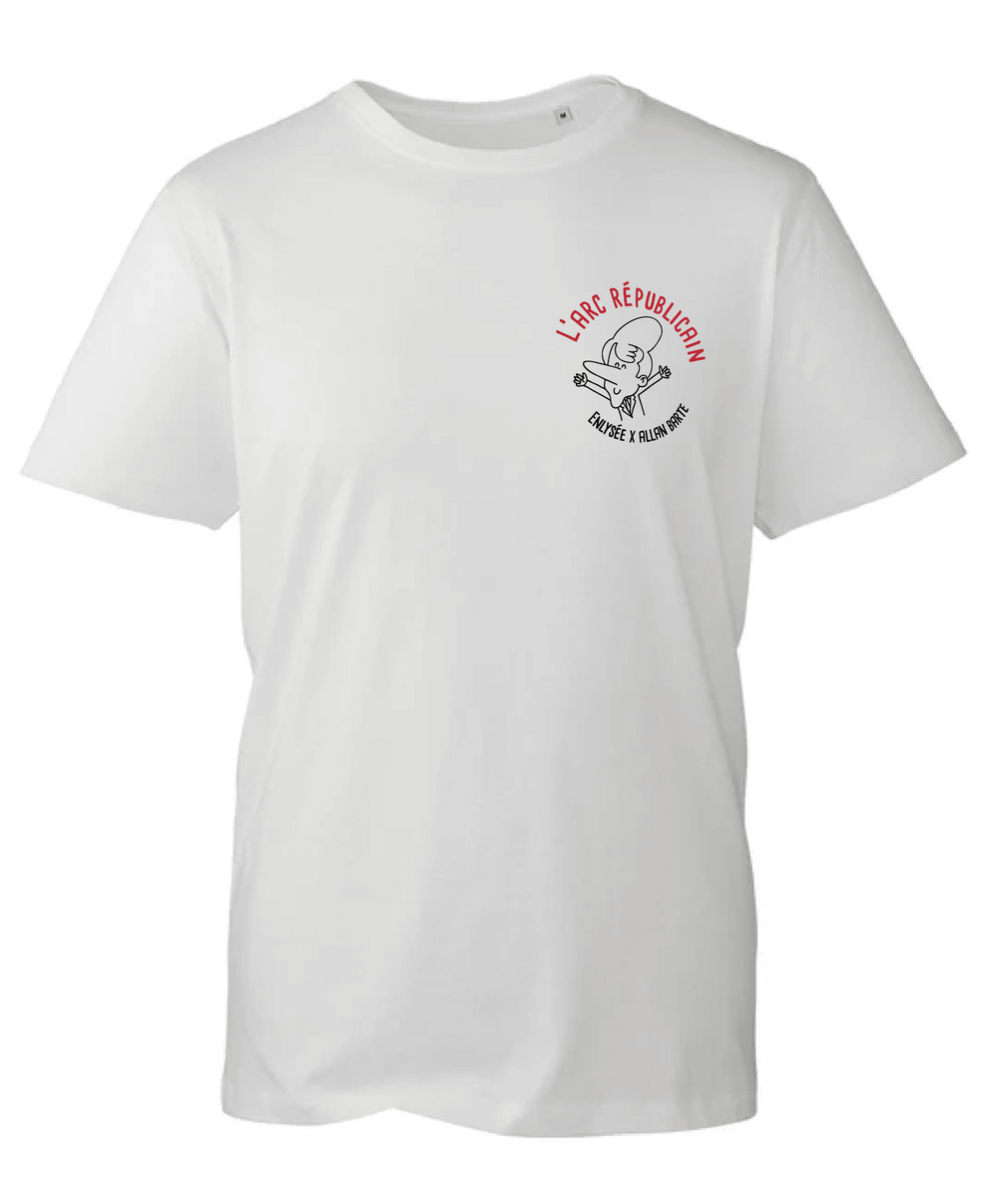 Tshirt blanc dessin arc republicain par Allan Barte Emmanuel Macron coeur