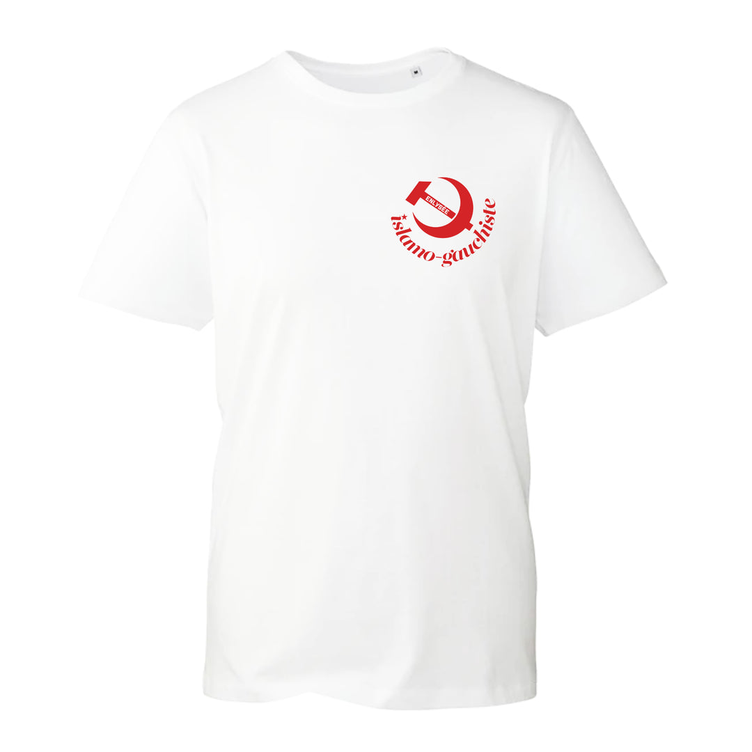 T-shirt blanc avec logo enlysee islamogauchiste rouge