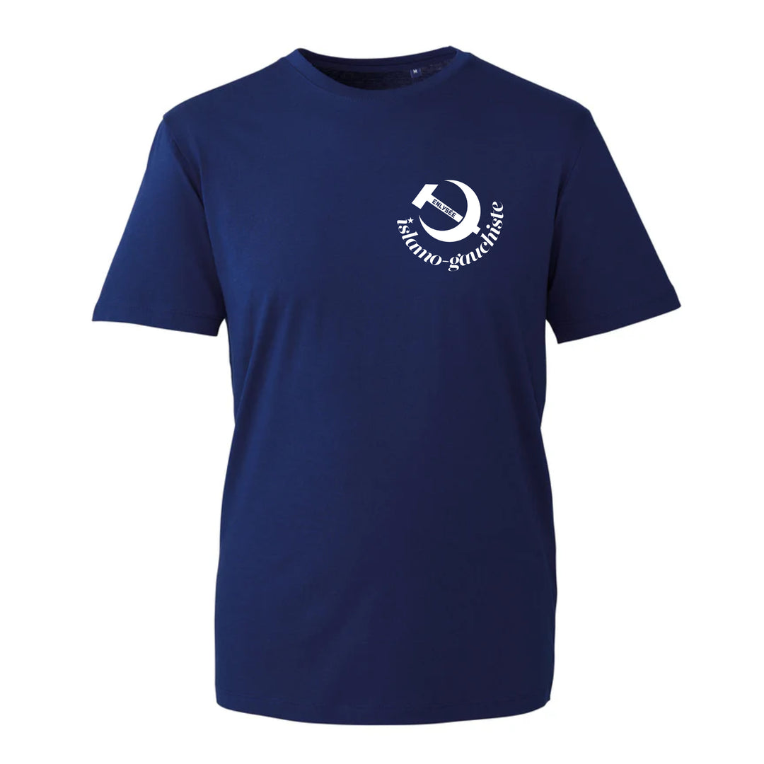 T-shirt bleu avec logo enlysee islamogauchiste blanc