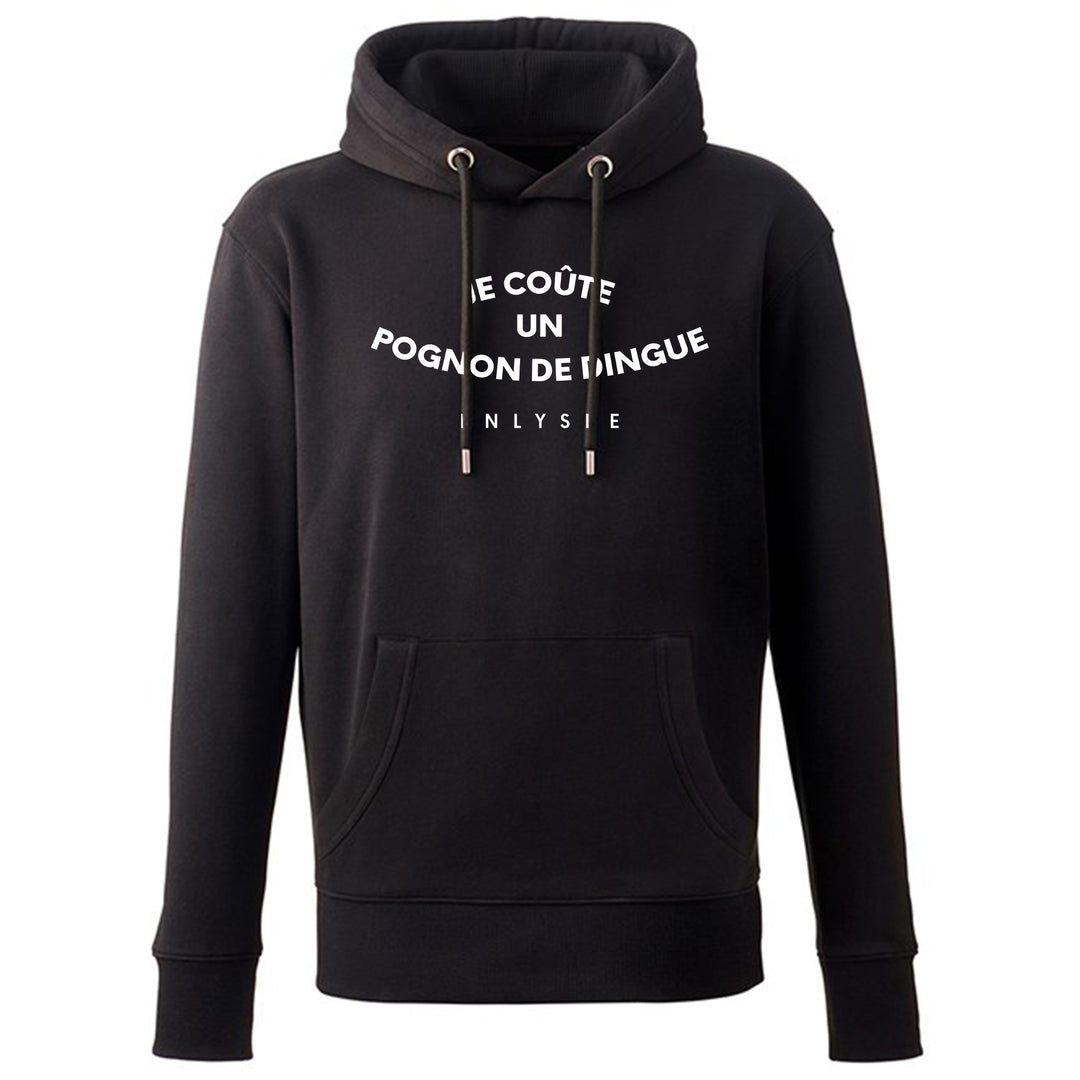 Sweat à capuche noir avec motif je coute un pognon de dingue écrit en blanc