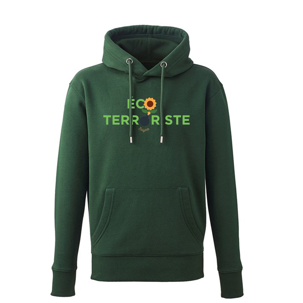 Sweat à capuche vert foncé avec logo eco-terroriste vert clair