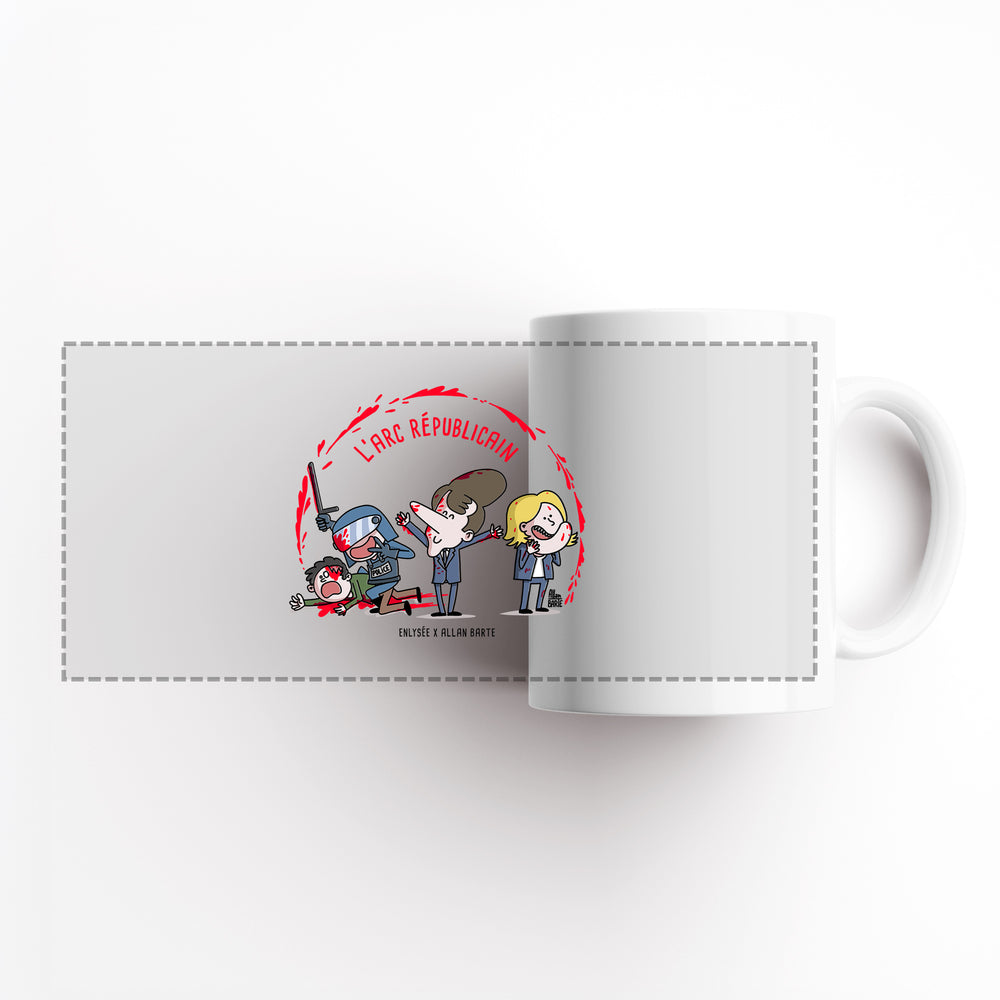 vue déplié du mug de l'arc républicain avec macron Lepen et un policier