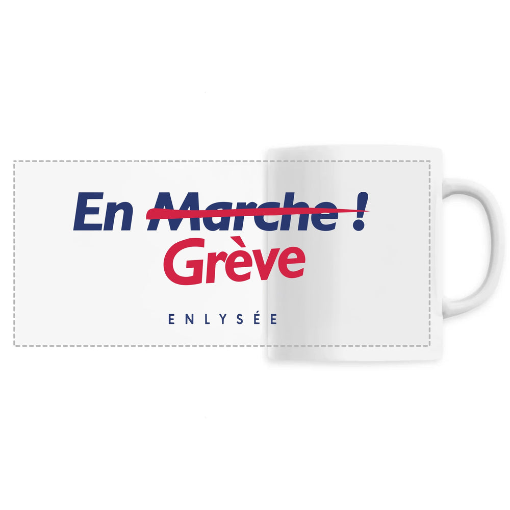 Mug blanc avec logo reprenant le en marche en en grève
