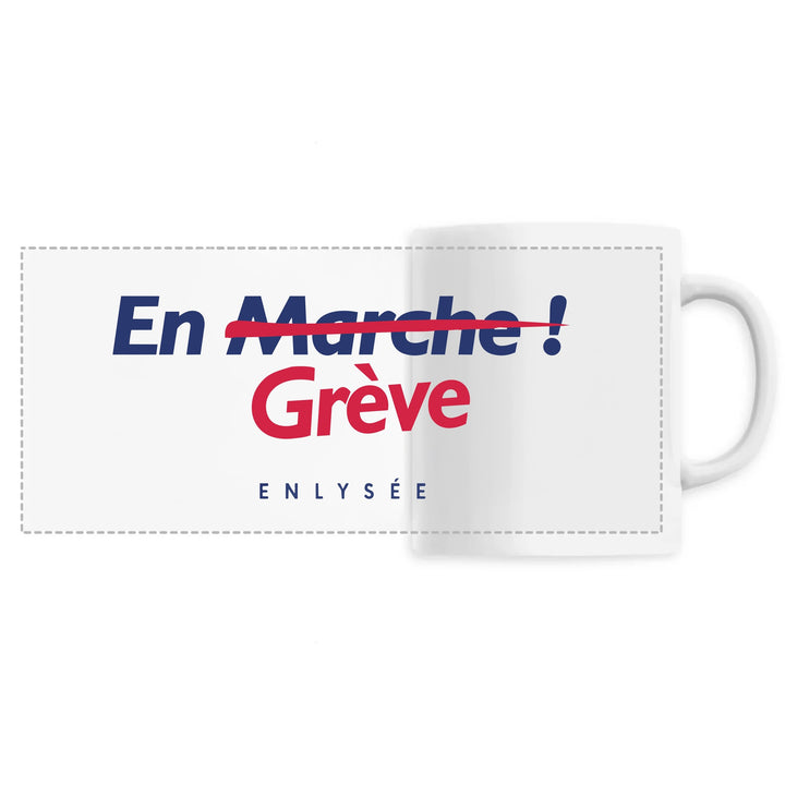 Mug blanc avec logo reprenant le en marche en en grève