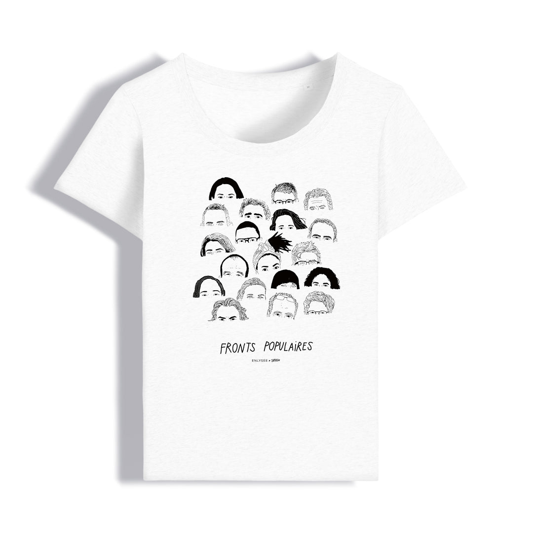 t-shirt coupe femme en blanc des fronts populaires avec Philippe Poutou, Aymeric Caron, Maltilde Panot, Alma Dufour, Manon Aubry, Rachel Kéké, Marine Tondelier, Raphaël Glucksmann, François Ruffin, Fabien Roussel, Olivier Faure ... par Superfeat 