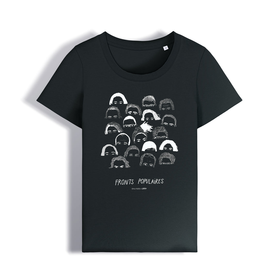 t-shirt coupe femme en noir des fronts populaires avec Philippe Poutou, Aymeric Caron, Maltilde Panot, Alma Dufour, Manon Aubry, Rachel Kéké, Marine Tondelier, Raphaël Glucksmann, François Ruffin, Fabien Roussel, Olivier Faure ... par Superfeat 