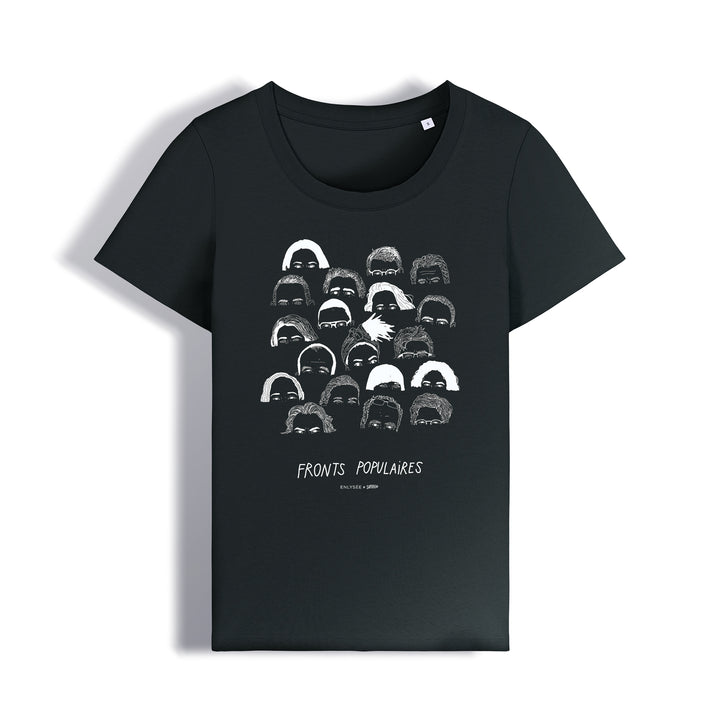 t-shirt coupe femme en noir des fronts populaires avec Philippe Poutou, Aymeric Caron, Maltilde Panot, Alma Dufour, Manon Aubry, Rachel Kéké, Marine Tondelier, Raphaël Glucksmann, François Ruffin, Fabien Roussel, Olivier Faure ... par Superfeat 