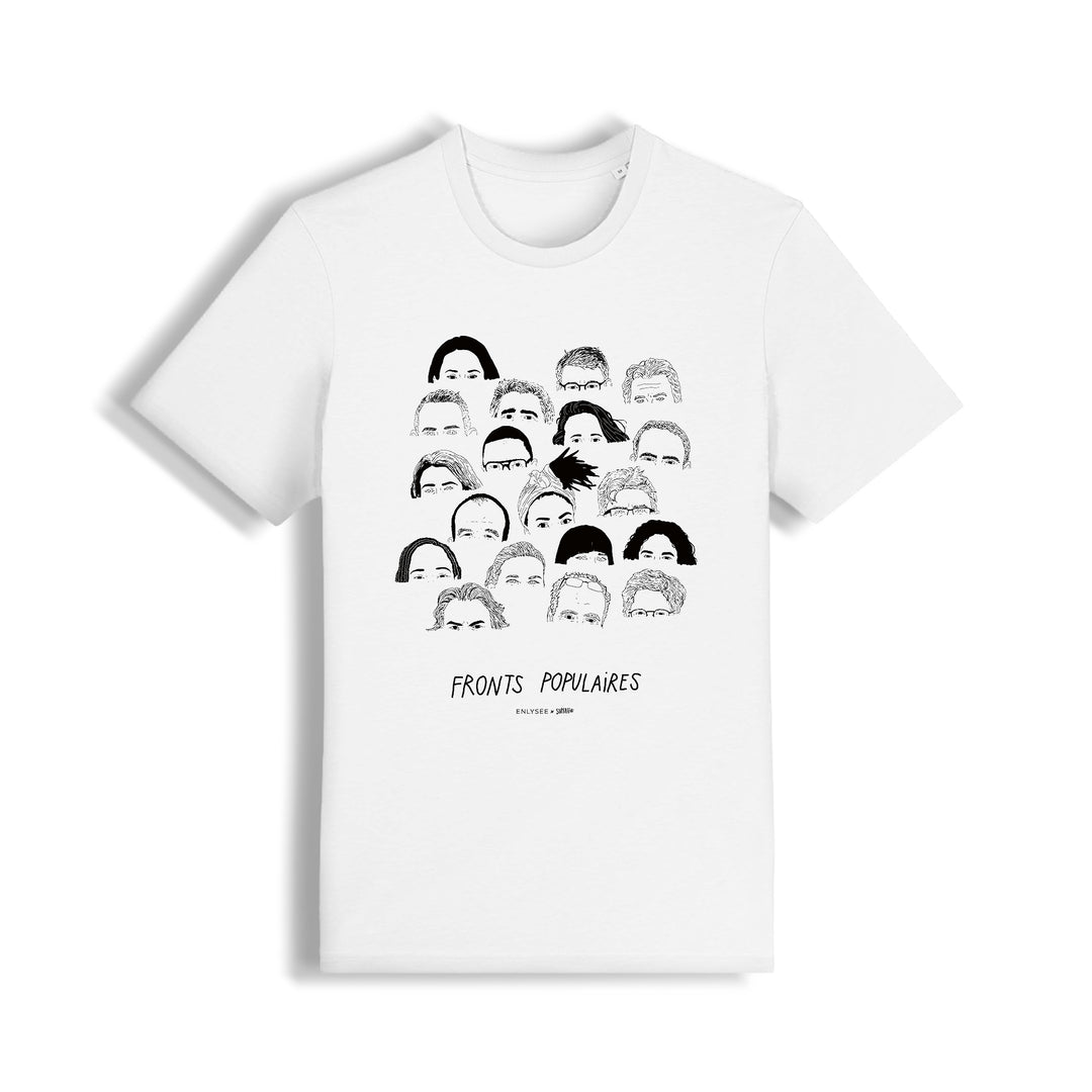 t-shirt coupe unisexe en blanc des fronts populaires avec Philippe Poutou, Aymeric Caron, Maltilde Panot, Alma Dufour, Manon Aubry, Rachel Kéké, Marine Tondelier, Raphaël Glucksmann, François Ruffin, Fabien Roussel, Olivier Faure ... par Superfeat 