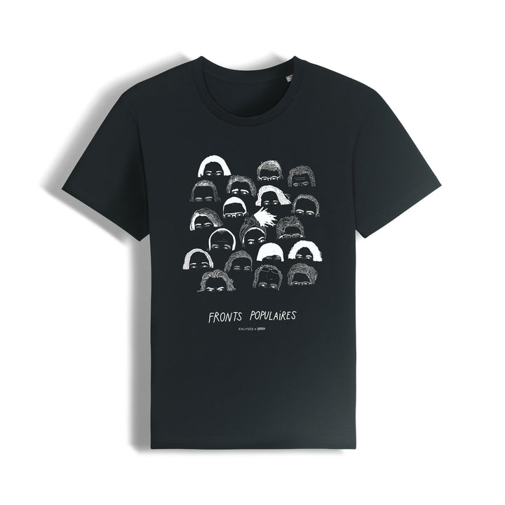 t-shirt coupe unisexe en noir des fronts populaires avec Philippe Poutou, Aymeric Caron, Maltilde Panot, Alma Dufour, Manon Aubry, Rachel Kéké, Marine Tondelier, Raphaël Glucksmann, François Ruffin, Fabien Roussel, Olivier Faure ... par Superfeat 