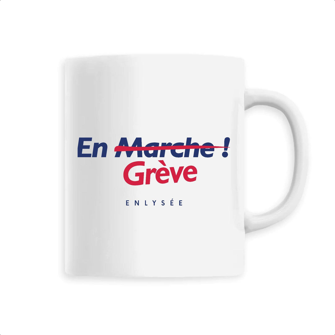Mug blanc avec logo reprenant le en marche en en grève