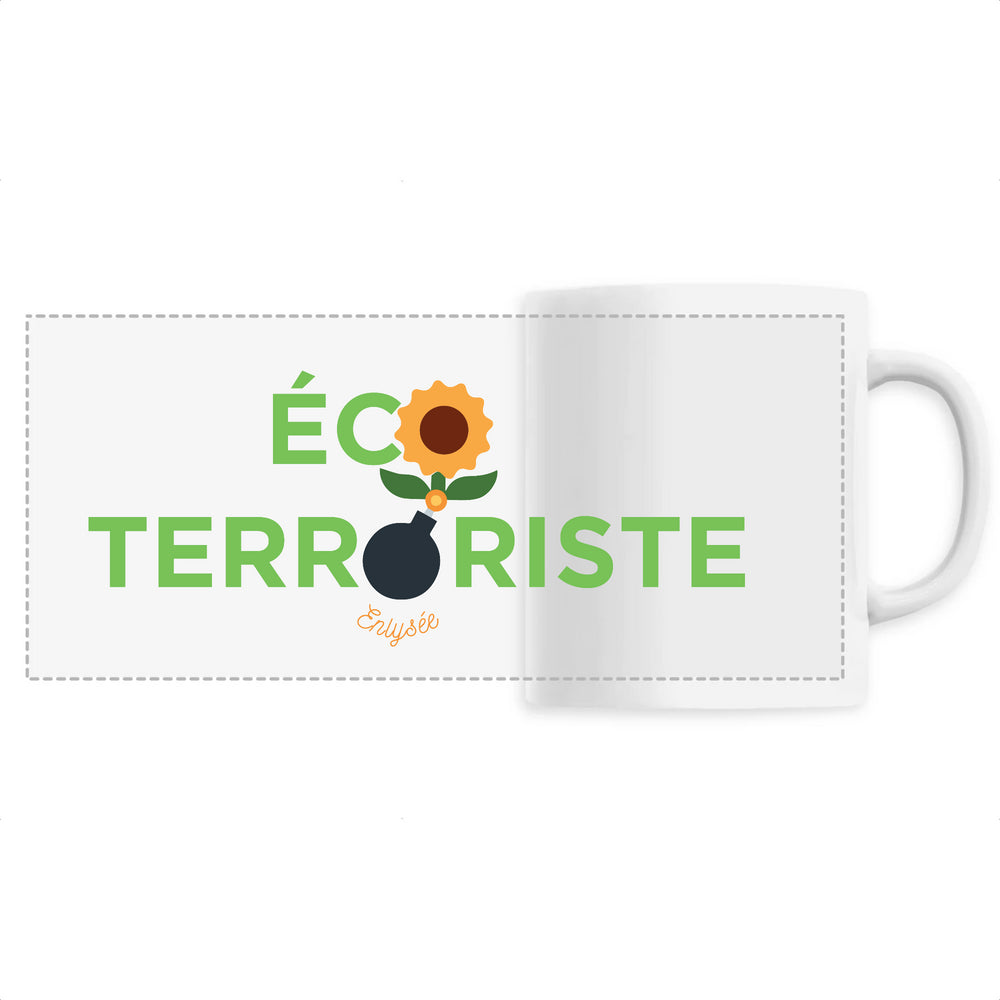 mug blanc avec logo ecoterroriste en vert bombe fleur